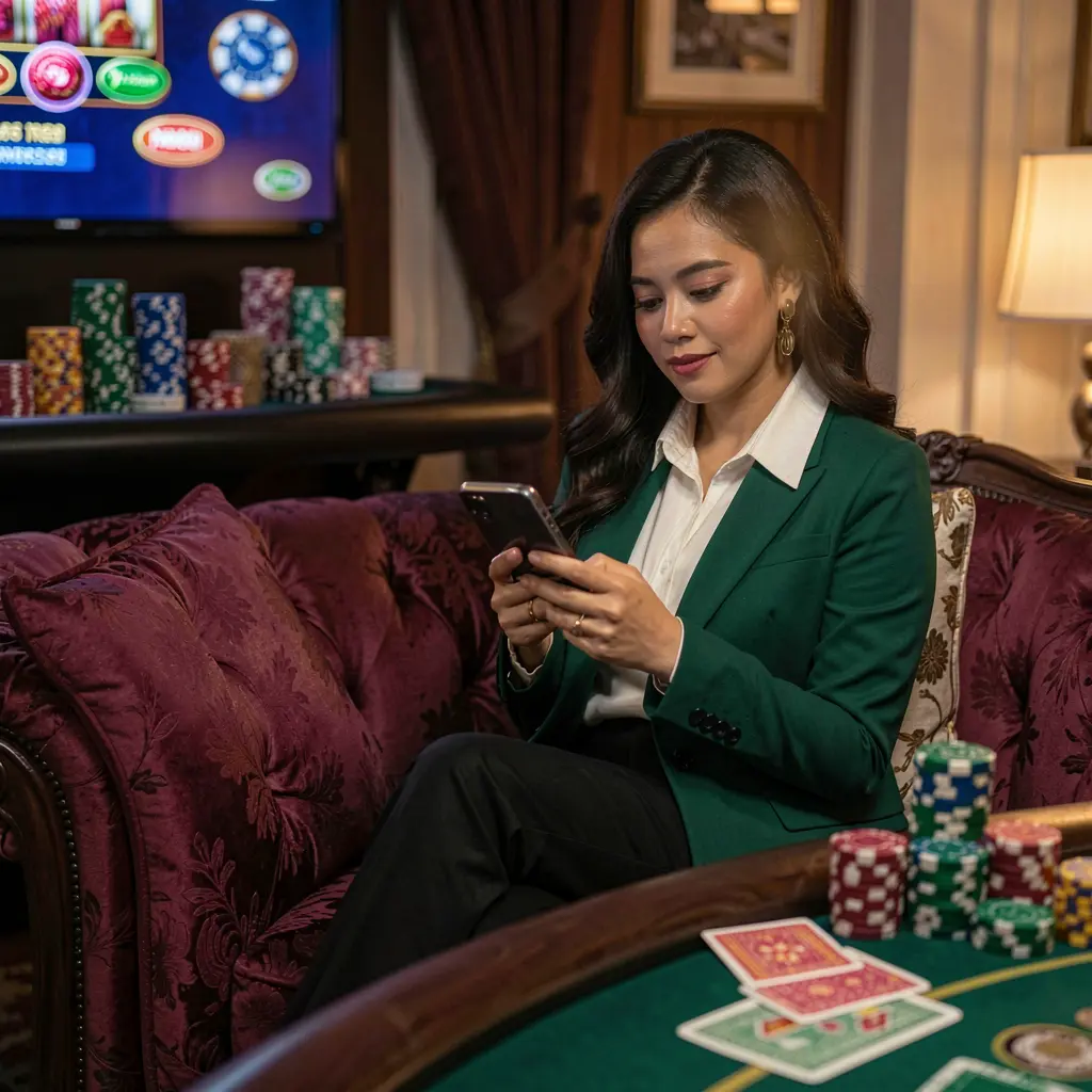 Elegant Filipino woman relaxing on a sofa while using the TAYA GM casino app with glowing chips and cards creating a premium mobile gaming mood