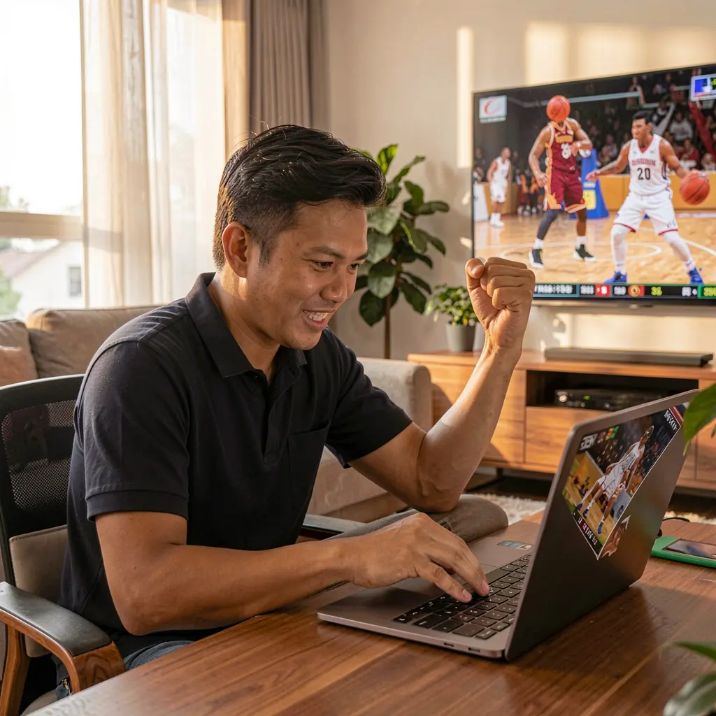Focused Filipino sports bettor celebrating a winning moment while placing online basketball bets on a laptop using TAYA GM at home