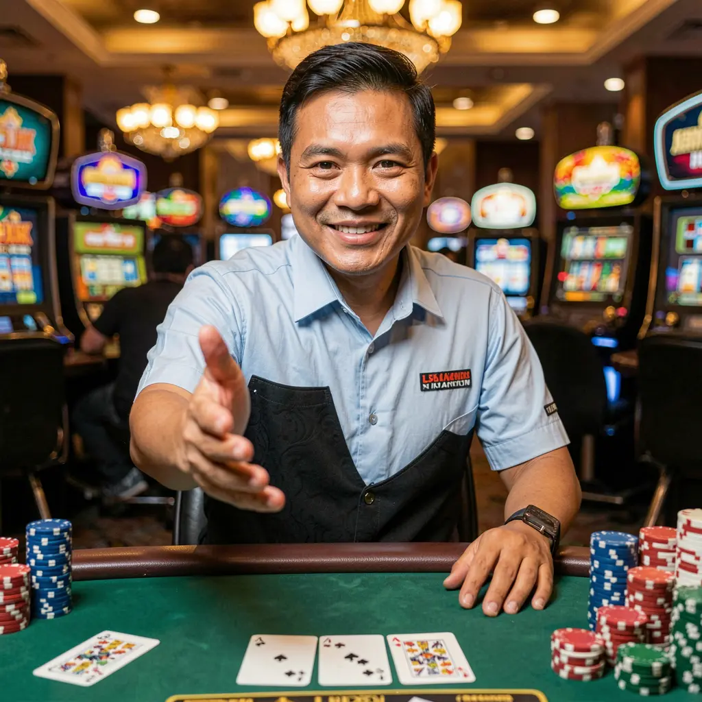Friendly live casino dealer extending his hand with glowing chips floating around representing interactive gameplay on TAYA GM in the Philippines