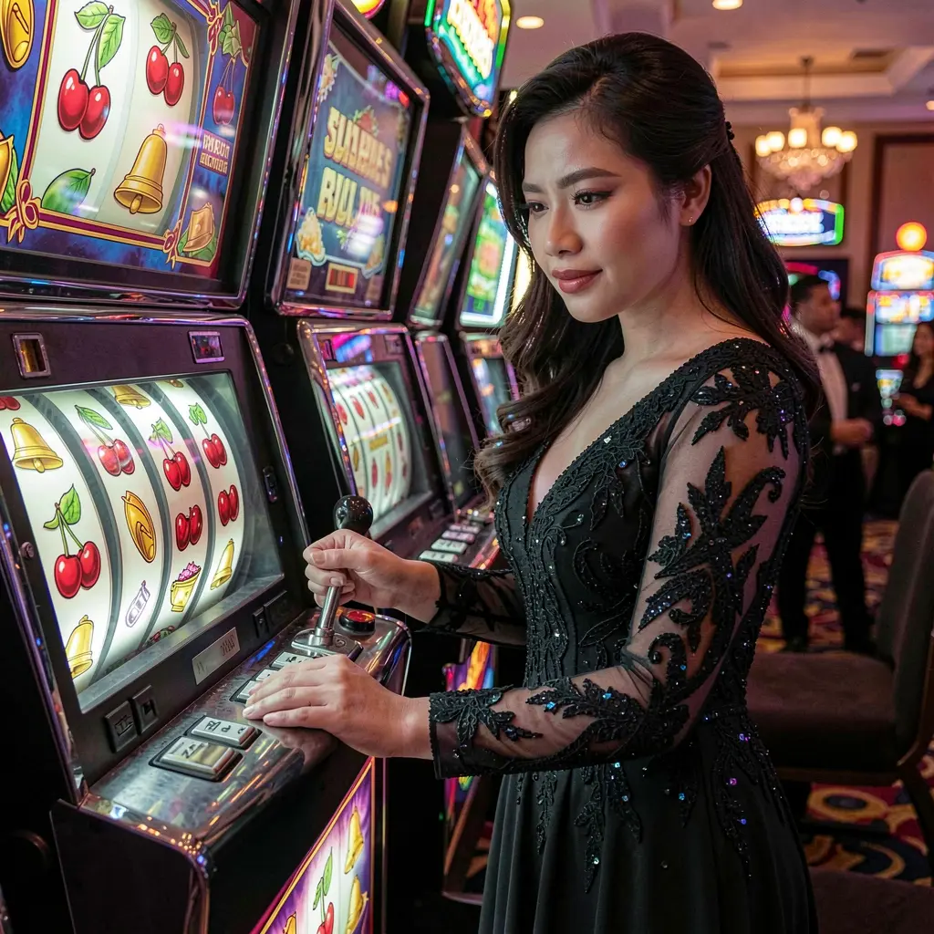 TAYA GM – Experience the elegance of classic slot gaming in the Philippines Stylish Filipino woman in a glamorous evening dress pulling the lever of a classic slot machine with glowing reels and casino lights at TAYA GM Philippines